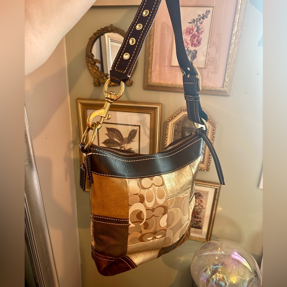 Coach Gold and Brown Shoulder Bag Patchwork Leather Accents